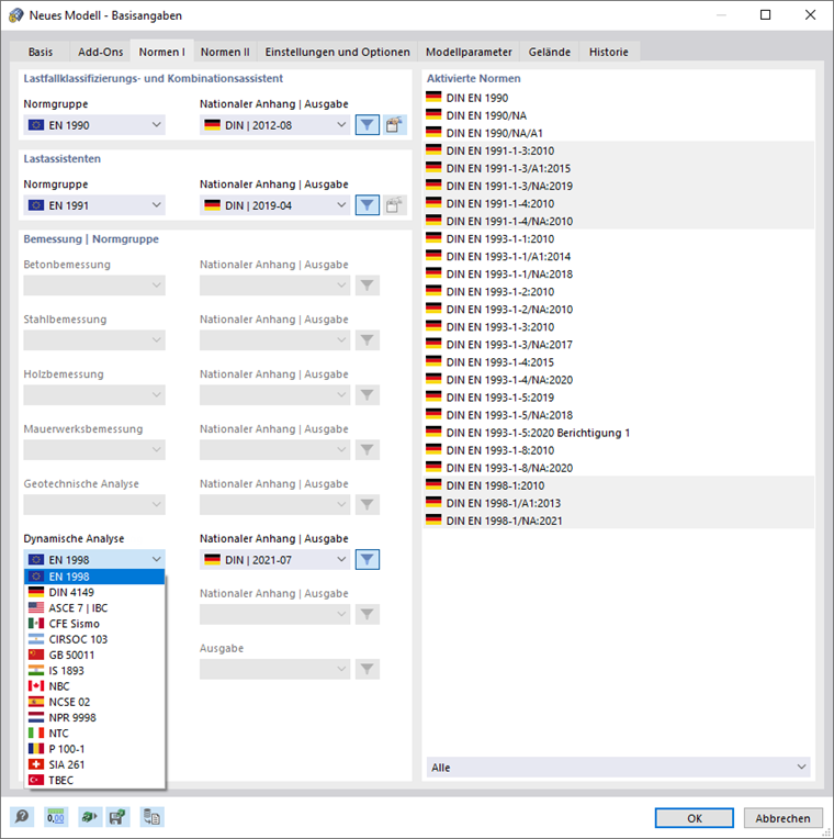 Dialog 'Neues Modell - Basisangaben', Register 'Normen I'