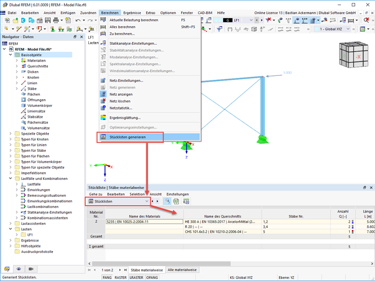 FAQ 005145 | Wie können in RFEM 6 und RSTAB 9 Stücklisten generiert werden?