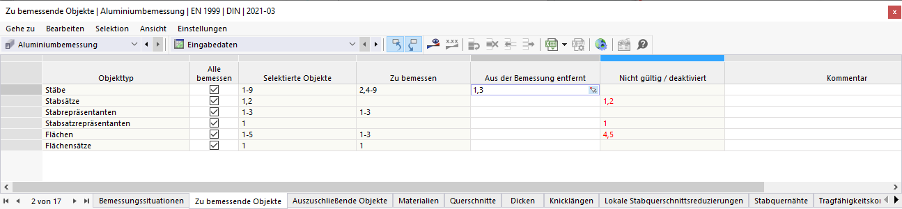 Eingabetabelle für zu bemessende Objekte in der Aluminiumbemessung