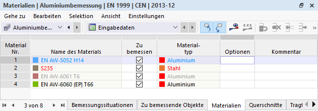 Farbliche Hervorhebung der Materialien für die Aluminiumbemessung