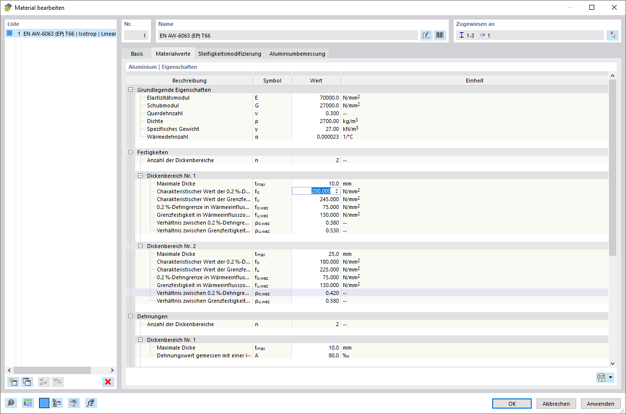 Dialog 'Material bearbeiten', Materialkennwerte anpassen