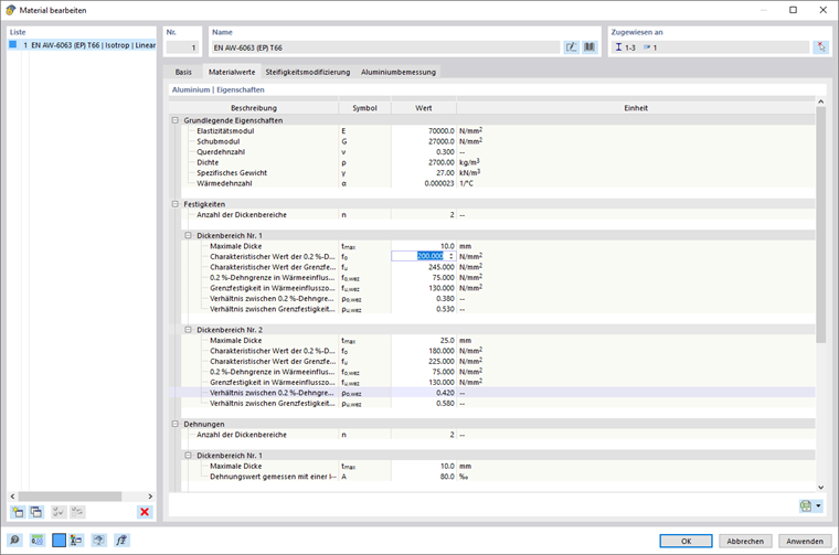 Dialog 'Material bearbeiten', Materialkennwerte anpassen