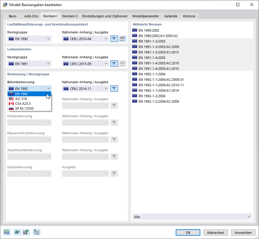 Norm für Betonbemessung auswählen