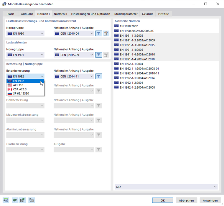 Norm für Betonbemessung auswählen