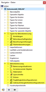 Kategorien für Betonbemessung im Navigator