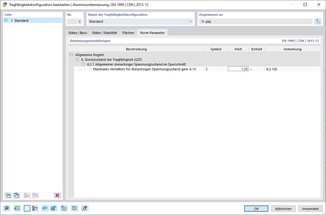 Dialog 'Tragfähigkeitskonfiguration bearbeiten', Register 'Norm-Parameter'