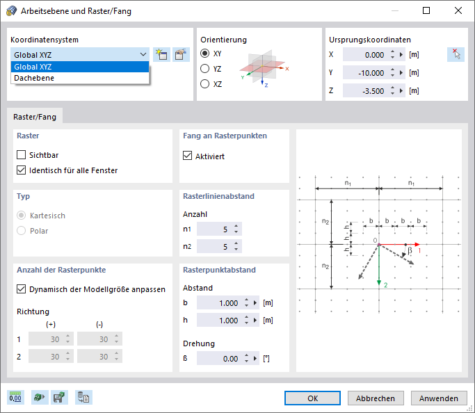 Dialog 'Arbeitsebene und Raster/Fang'