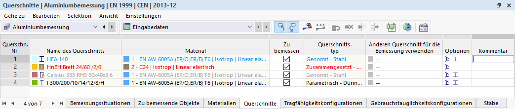 Farbliche Hervorhebung der Querschnitte für die Aluminiumbemessung
