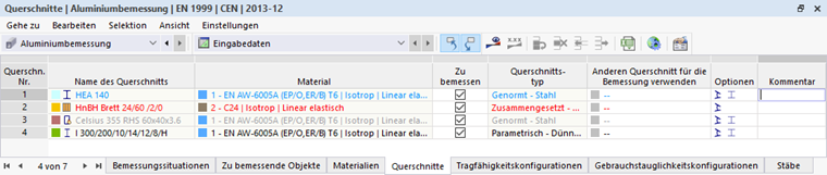 Farbliche Hervorhebung der Querschnitte für die Aluminiumbemessung