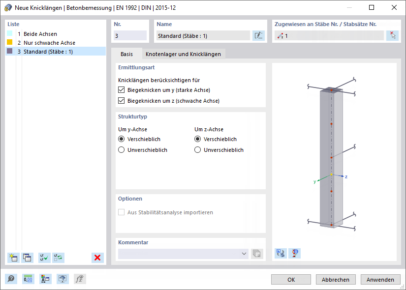 Dialog 'Neue Knicklängen'