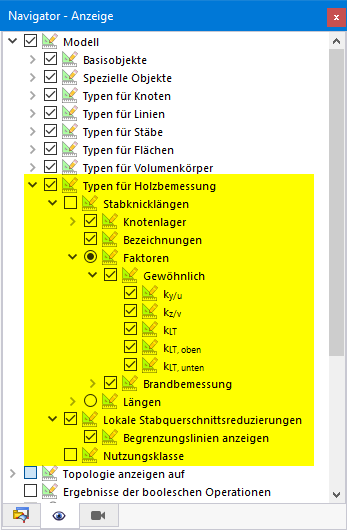 Anzeigemöglichkeiten der Typen für Holzbemessung im Navigator - Anzeige