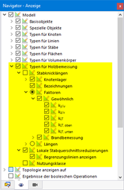 Anzeigemöglichkeiten der Typen für Holzbemessung im Navigator - Anzeige