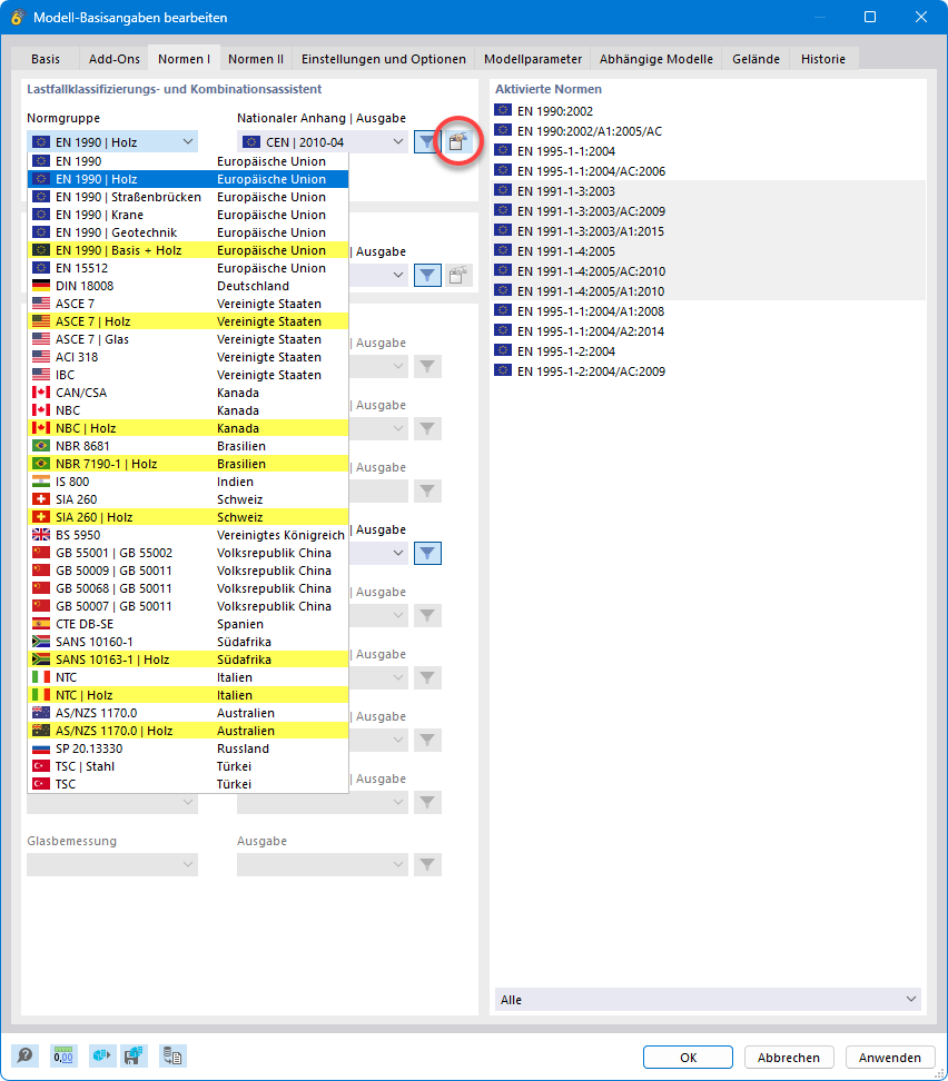 Holz-Normen für 'Lastfallklassifizierungs- und Kombinationsassistent'