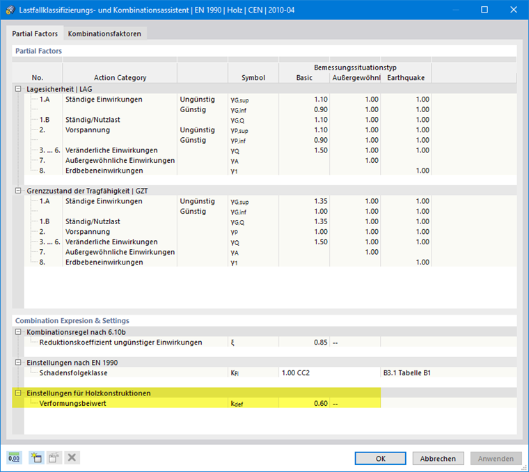 Parameter des 'Lastfallklassifizierungs- und Kombinationsassistenten' - Kriechbeiwert