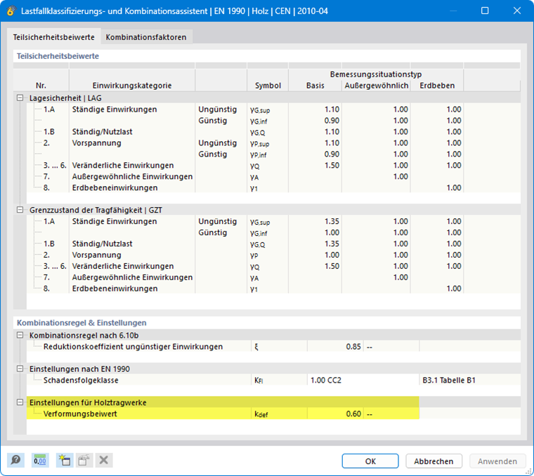 Kriechbeiwert bei den Parametern des Lastfallklassifizierungs- und Kombinationsassistenten festlegen