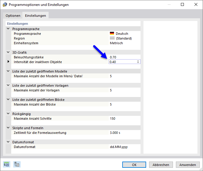 Intensität für Darstellung der inaktiven Objekte ändern