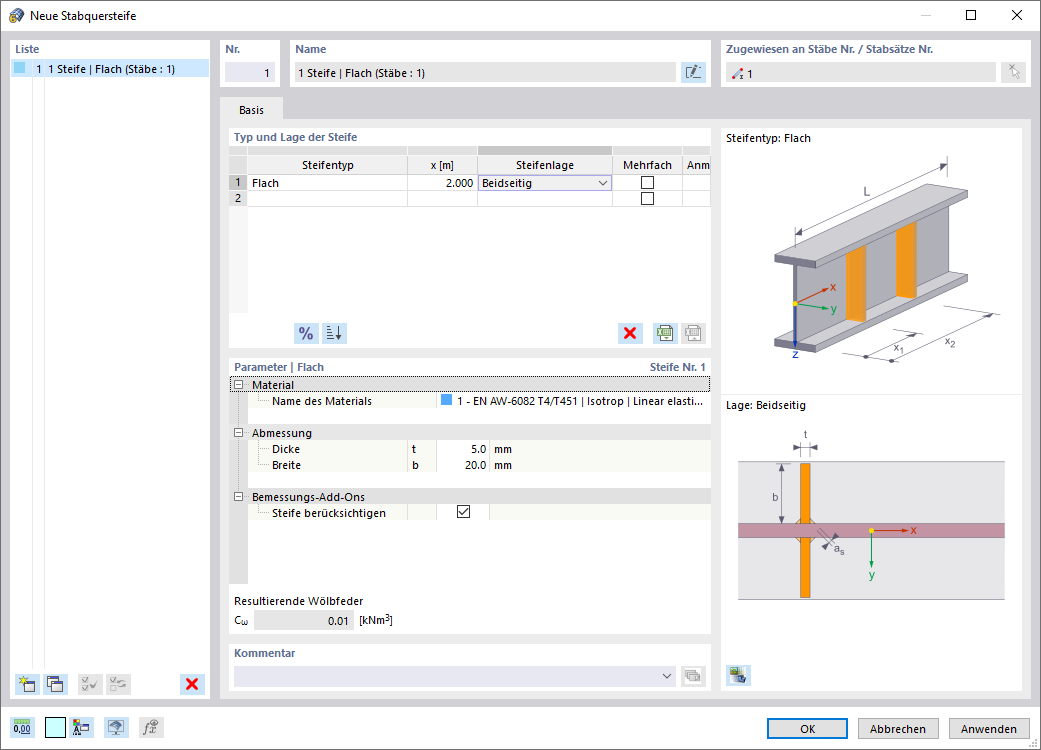 Dialog 'Neue Stabquersteife'