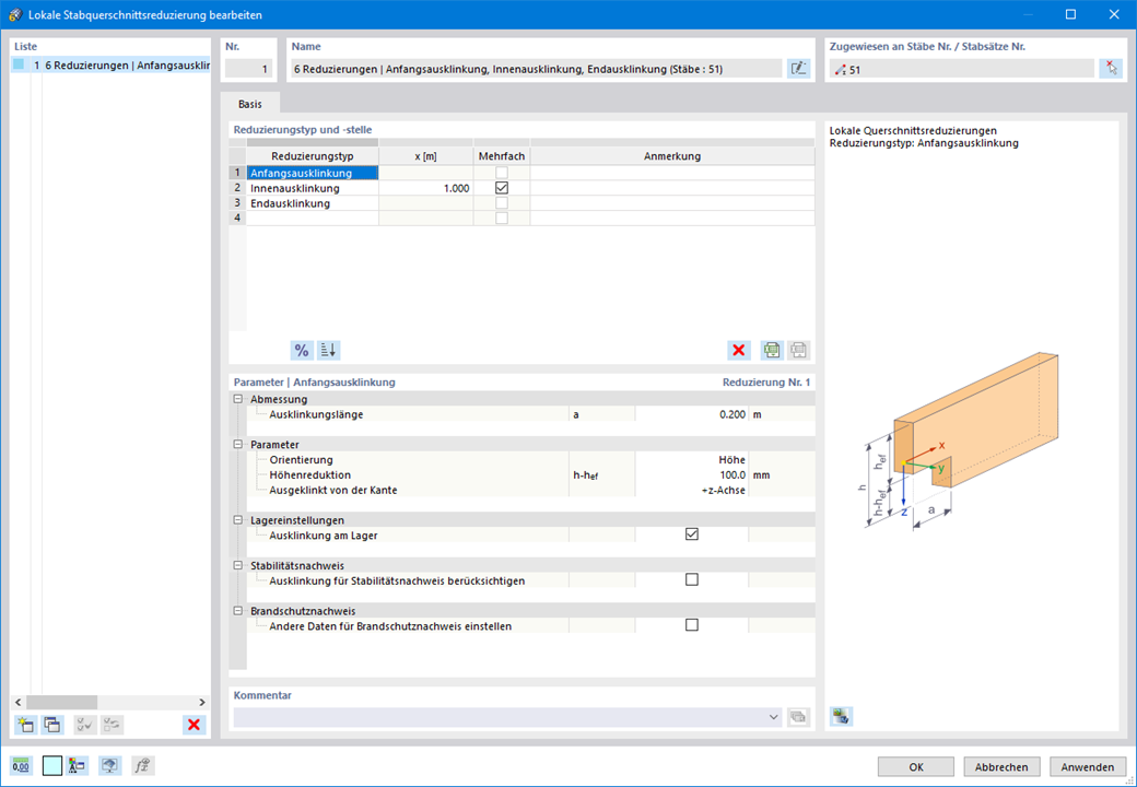 Der Dialog zeigt die Option, Stabquerschnittsreduzierungen zu definieren, um eine Trägeraussparung in der Holzbemessung zu berücksichtigen.