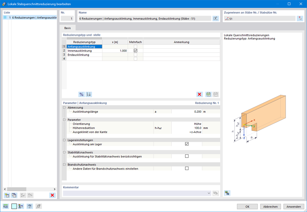 Der Dialog zeigt die Option, Stabquerschnittsreduzierungen zu definieren, um eine Trägeraussparung in der Holzbemessung zu berücksichtigen.