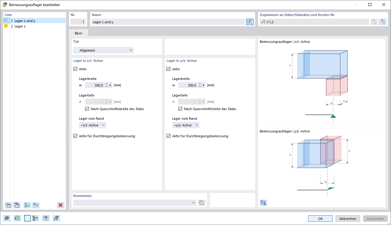 Dialog 'Bemessungsauflager bearbeiten'