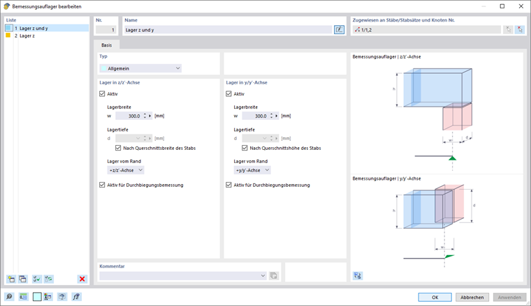 Dialog 'Bemessungsauflager bearbeiten'