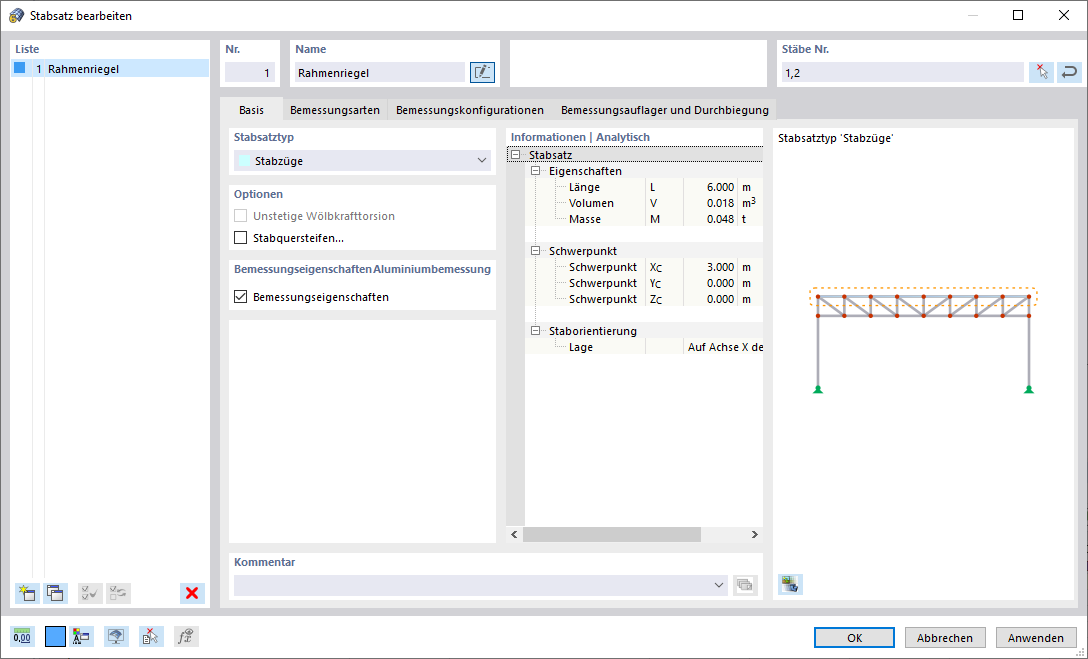 Dialog 'Stabsatz bearbeiten', Bemessungseigenschaften für Aluminiumbemessung aktiviert