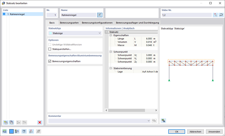 Dialog 'Stabsatz bearbeiten', Bemessungseigenschaften für Aluminiumbemessung aktiviert