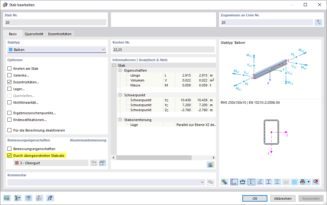 Dialog 'Stab bearbeiten', Aluminiumbemessung durch übergeordneten Stabsatz