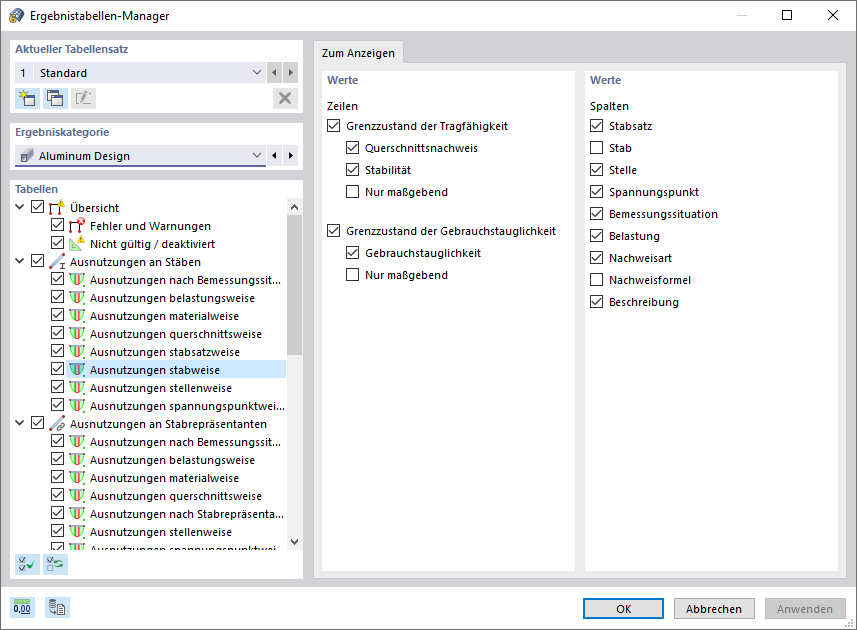 Ergebnistabellen-Manager für die Aluminiumbemessung, Ausnutzungen stabweise