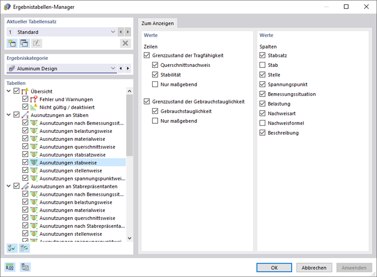 Ergebnistabellen-Manager für die Aluminiumbemessung, Ausnutzungen stabweise