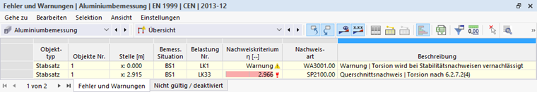 Ergebnistabelle Fehler & Warnungen in der Aluminiumbemessung