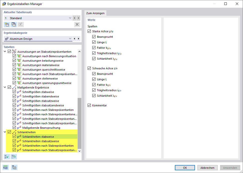 Ergebnistabellen-Manager für die Aluminiumbemessung, Schlankheiten