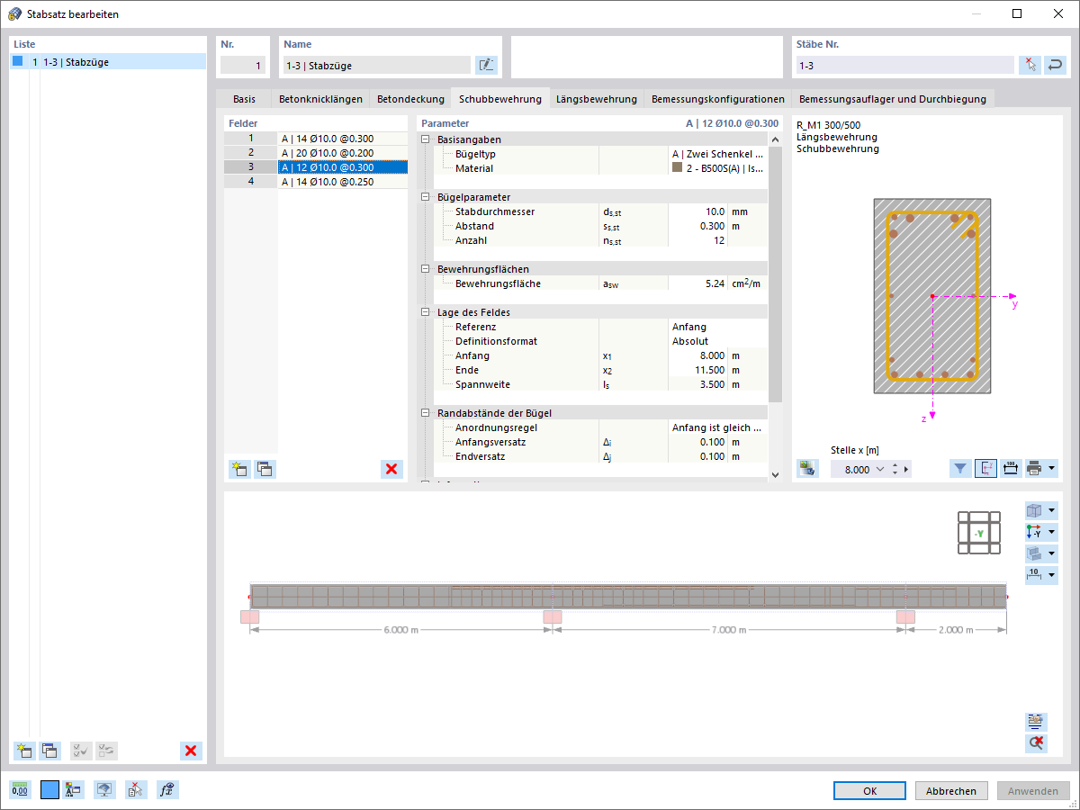 Bügel- und Längsbewehrung individuell für Stäbe im Betonbau definieren.