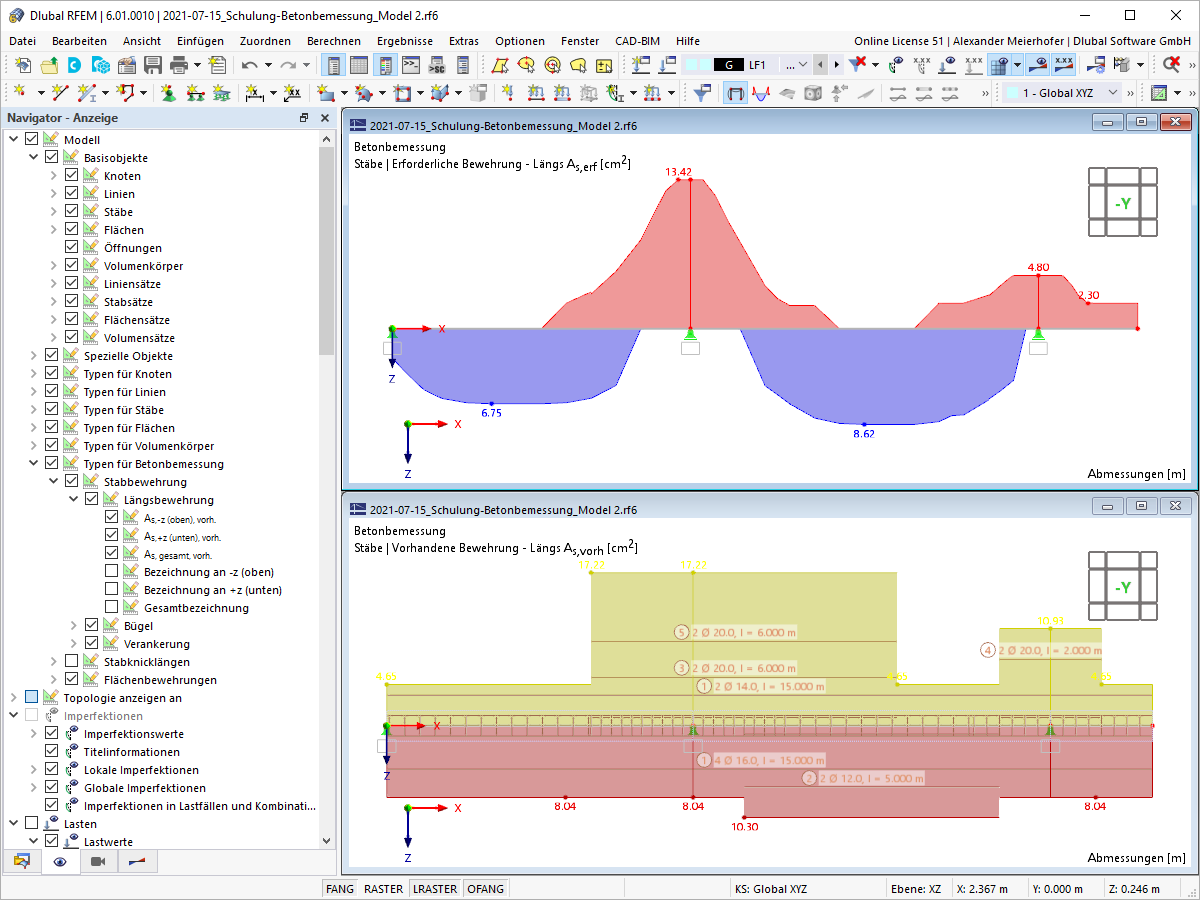 Grafische Ergebnisausgabe der erforderlichen und vorhandenen Bewehrung