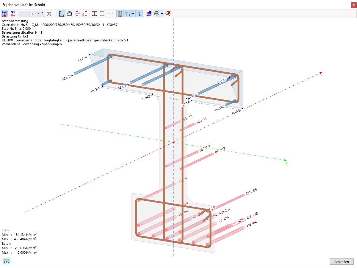 Grafische Darstellung der Spannungen in den Bewehrungsstäben (3D-Spannungen)