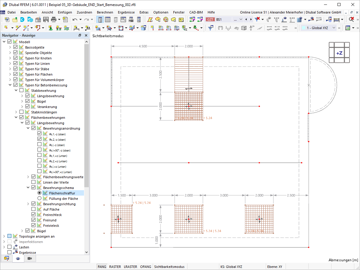Grafik zeigt die freie Zusatzbewehrung in betonierten Flächen zur Betonbemessung.