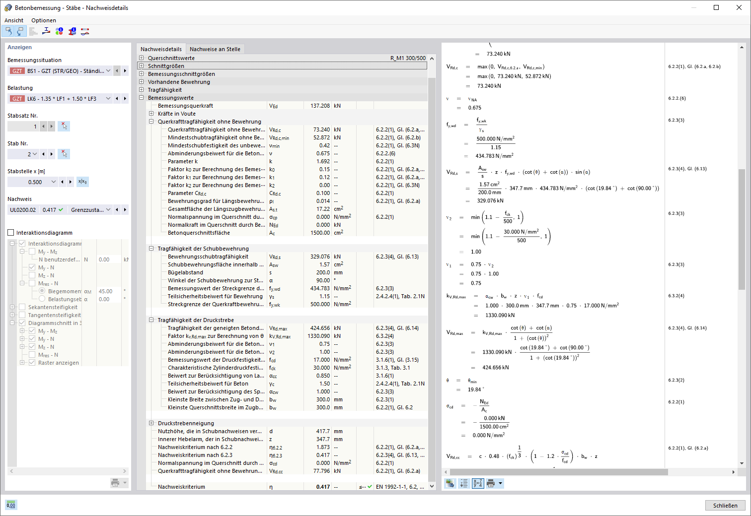 Detaillierte Ausgabe der Nachweise (mit Hinweisen auf verwendete Gleichungen aus der Norm)