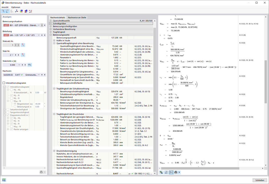 Detaillierte Ausgabe der Nachweise (mit Hinweisen auf verwendete Gleichungen aus der Norm)