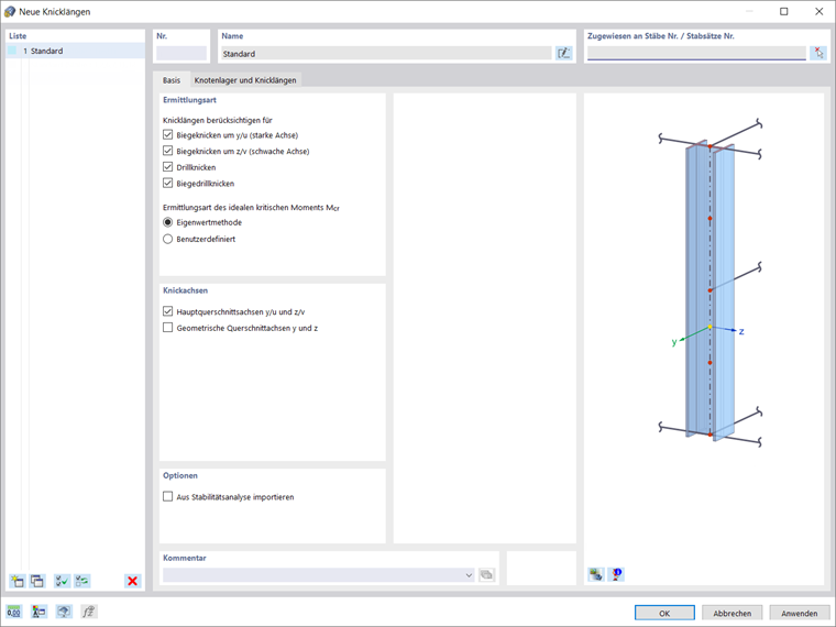 Haupteinstellungen für die Knicklängendefinition