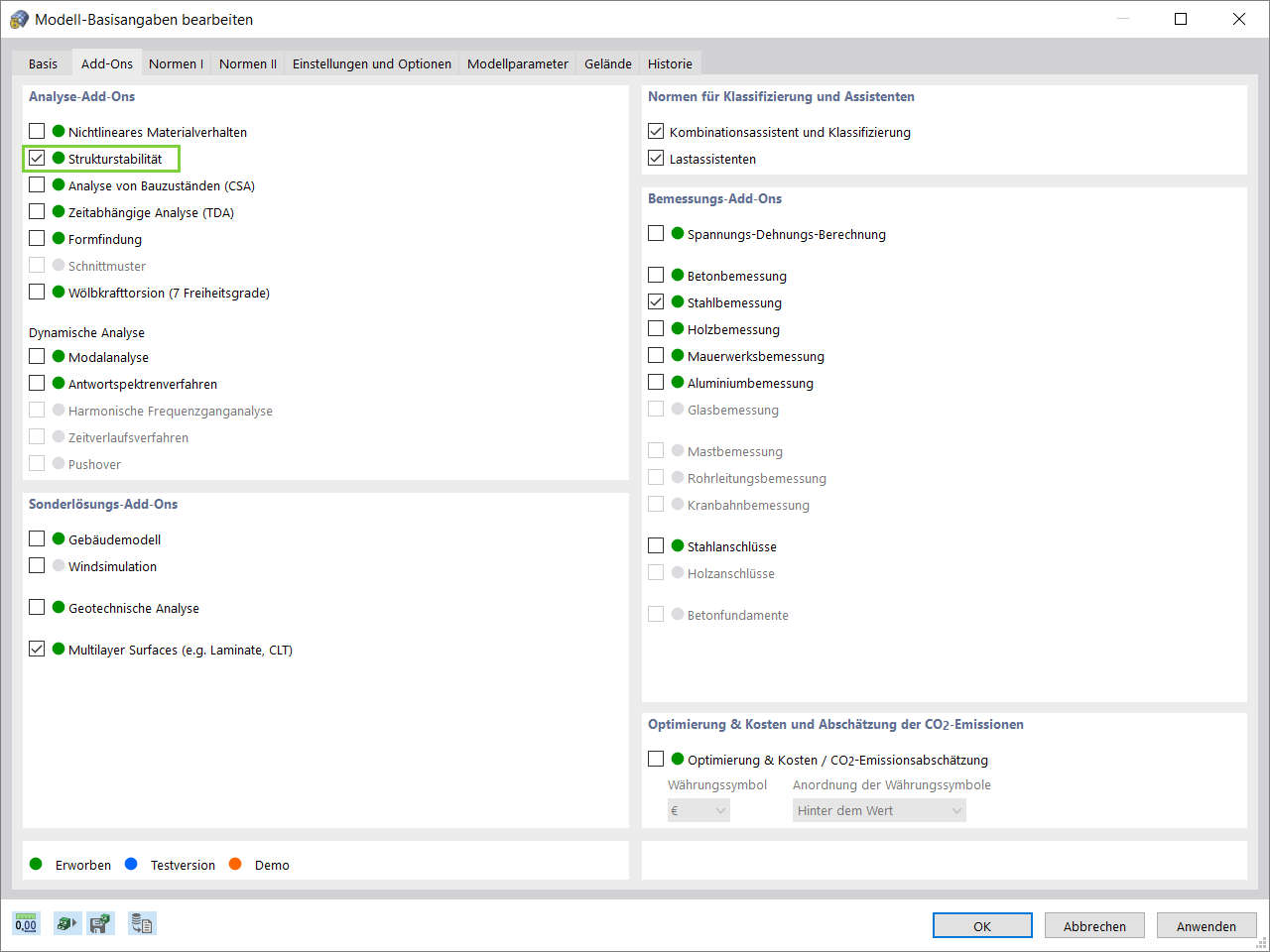 Add-On Strukturstabilität aktivieren
