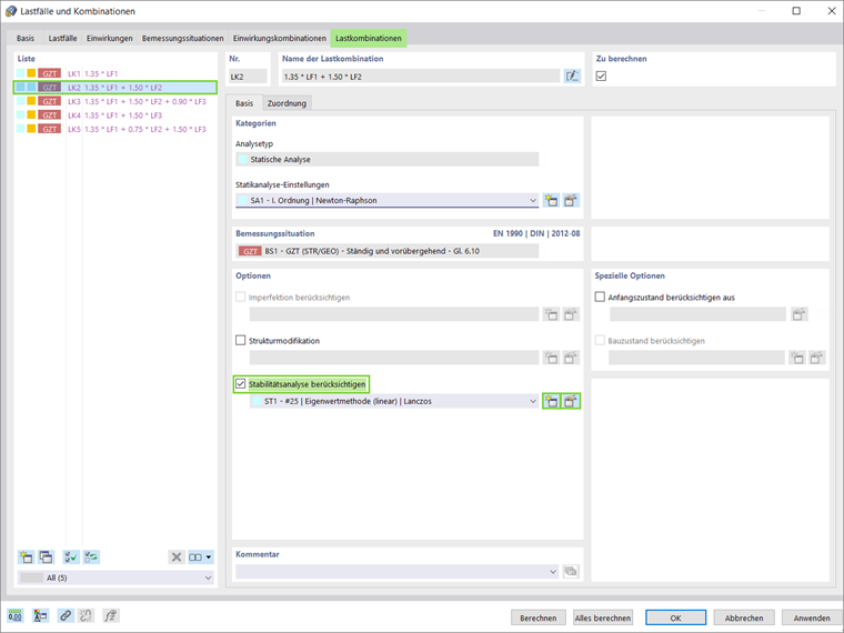 Berücksichtigung der Stabilitätsanalyse in Bezug auf Lastfälle/Kombinationen