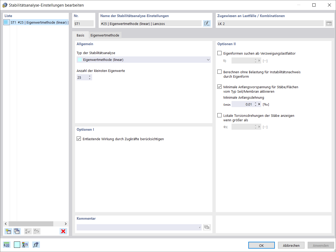 Stabilitätsanalyse-Einstellungen