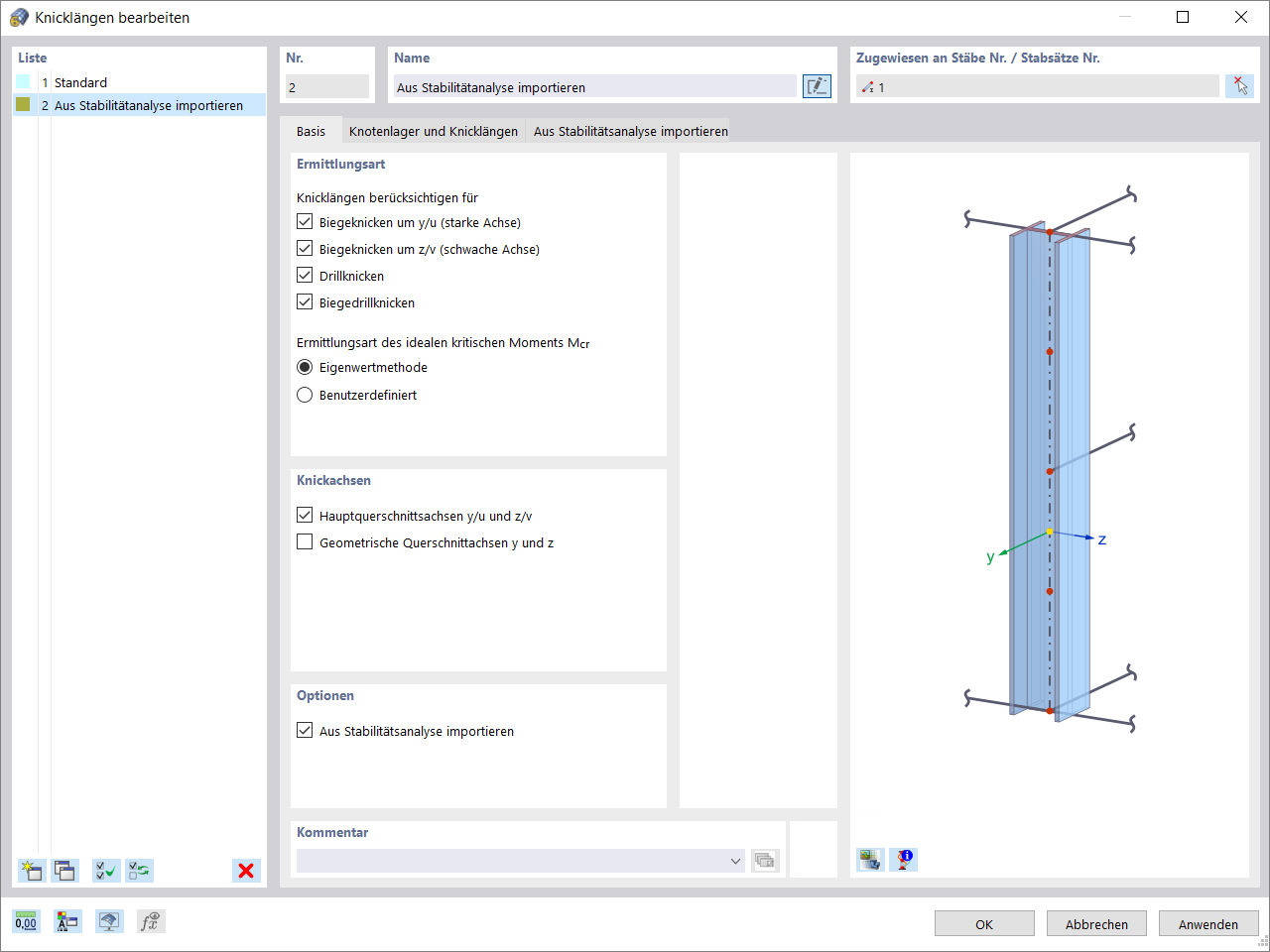Option zum Import der Knicklänge aus der Stabilitätsanalyse