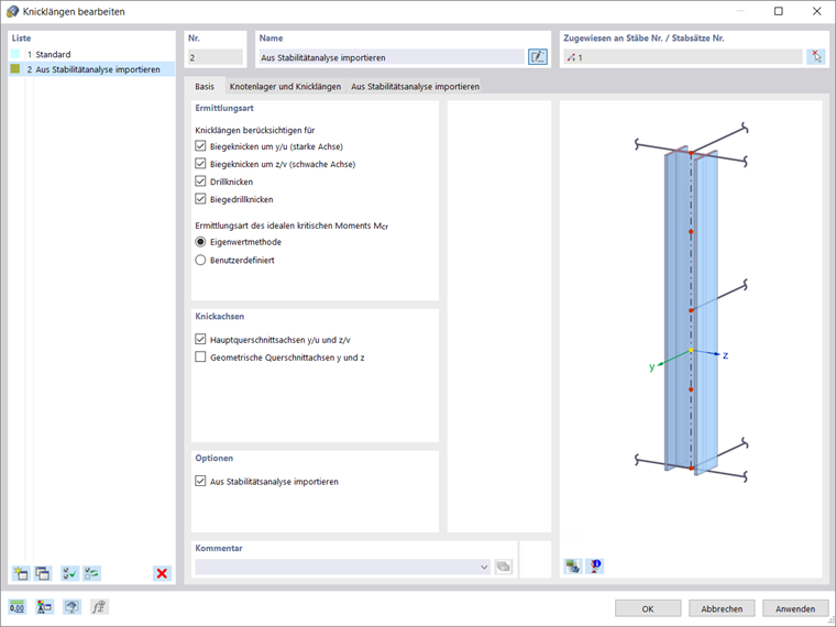 Option zum Import der Knicklänge aus der Stabilitätsanalyse