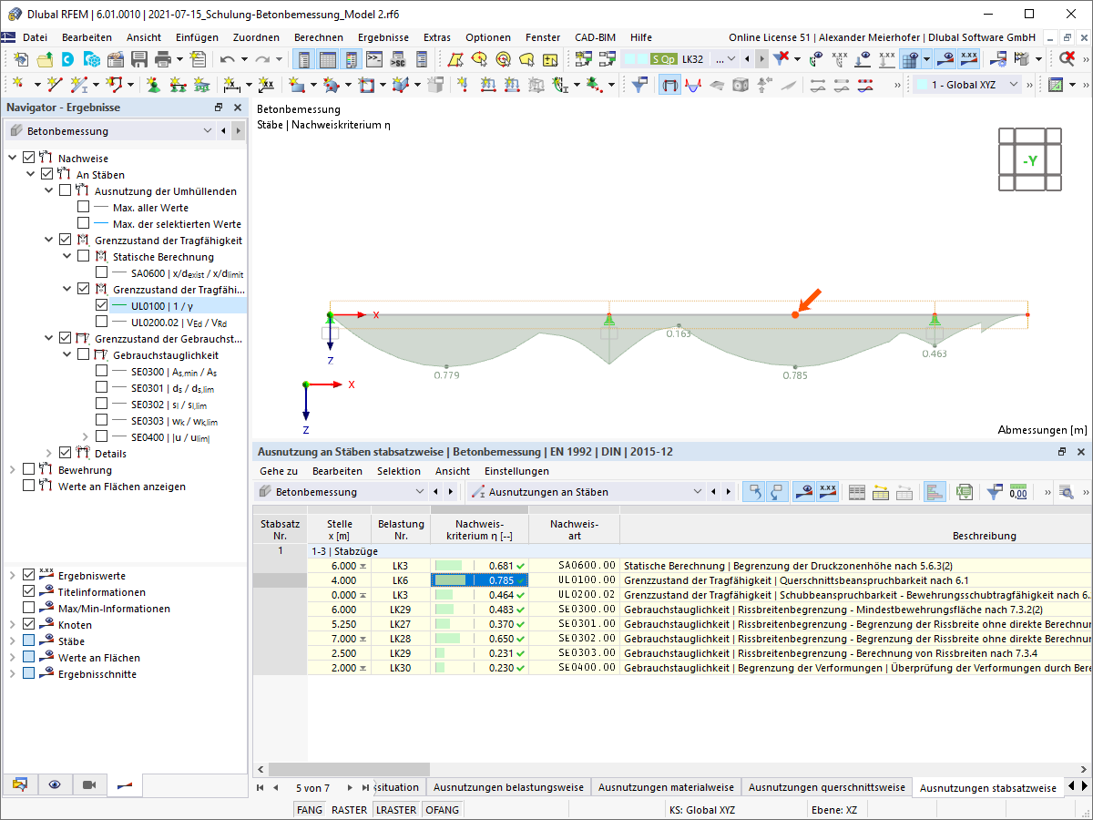 Detaillierte Anzeige von Bemessungsdetails mit Tabellen und grafischen Resultaten. Klar strukturierte Informationen zu Normnachweisen.