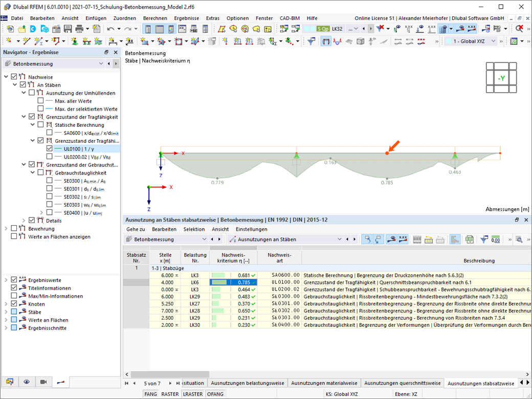 Detaillierte Anzeige von Bemessungsdetails mit Tabellen und grafischen Resultaten. Klar strukturierte Informationen zu Normnachweisen.