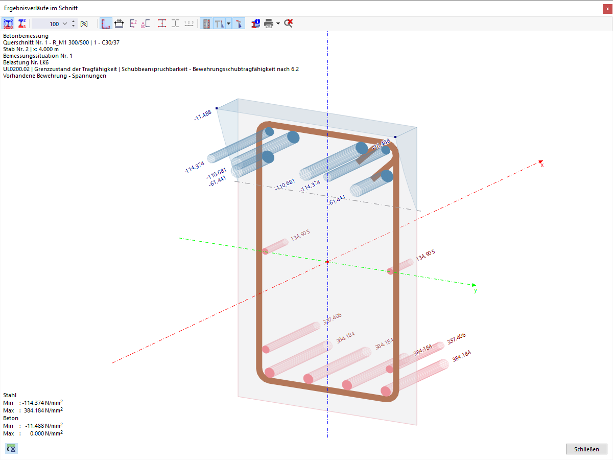 Visualisierung von Spannungen und Dehnungen in Betonquerschnitten unter Lasteinfluss.