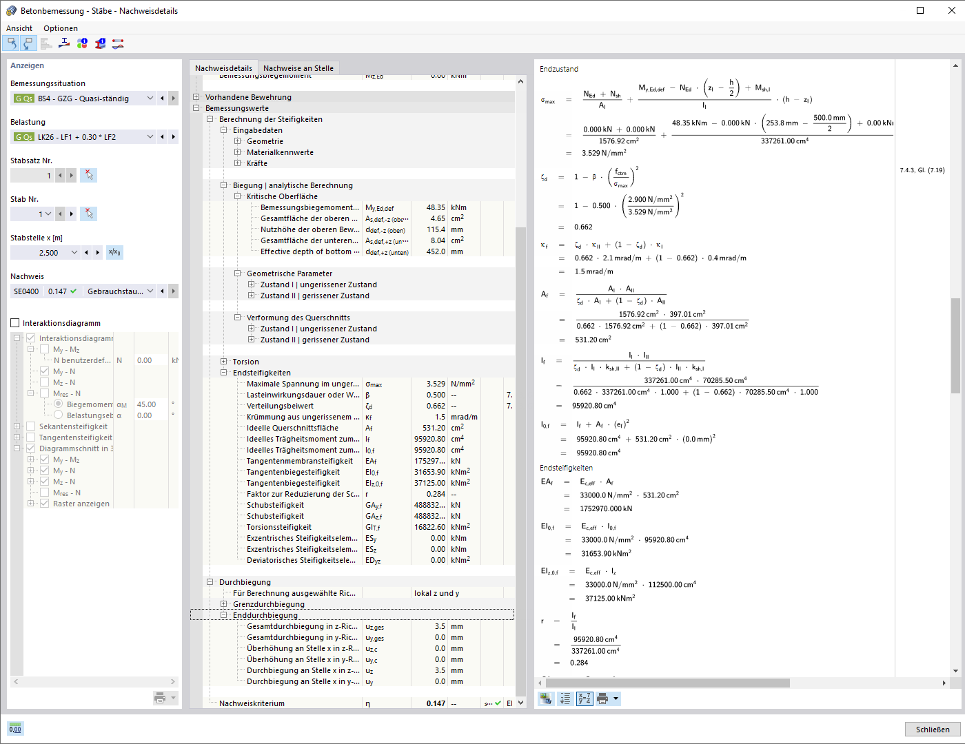 Darstellung der Verformung von Betonbauteilen im Zustand II mit Tension Stiffening gemäß Normen.