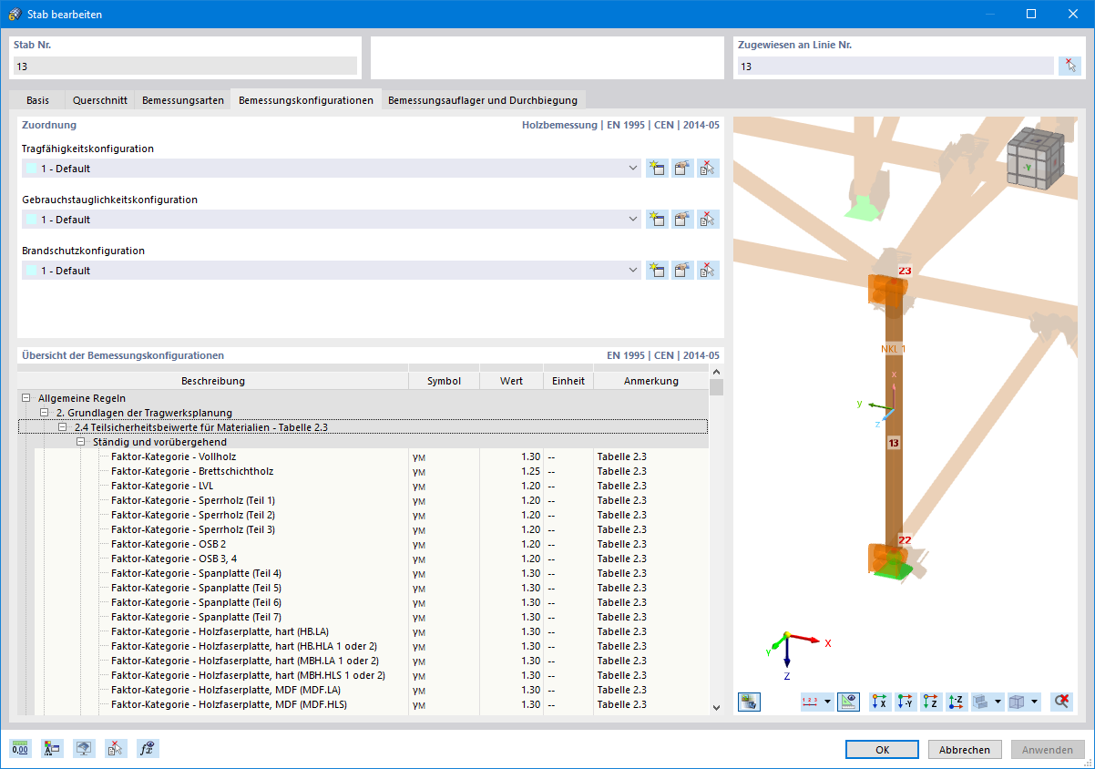 Dialog 'Stab bearbeiten', Register 'Bemessungskonfigurationen' für die Holzbemessung
