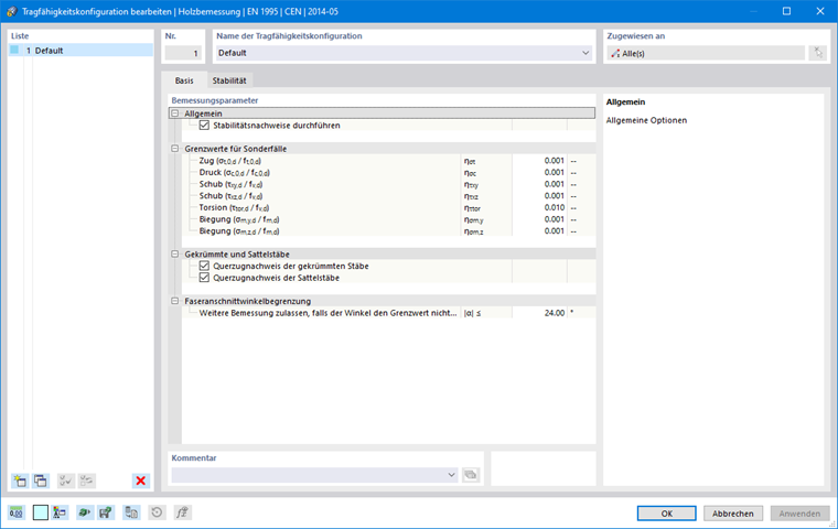 Dialog 'Tragfähigkeitskonfiguration bearbeiten' für Holzbemessung
